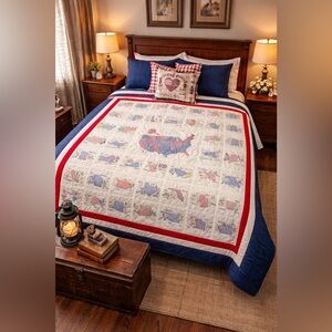 Vintage American Patriotic USA MAP Quilt State Embroidered Flower Bird Date